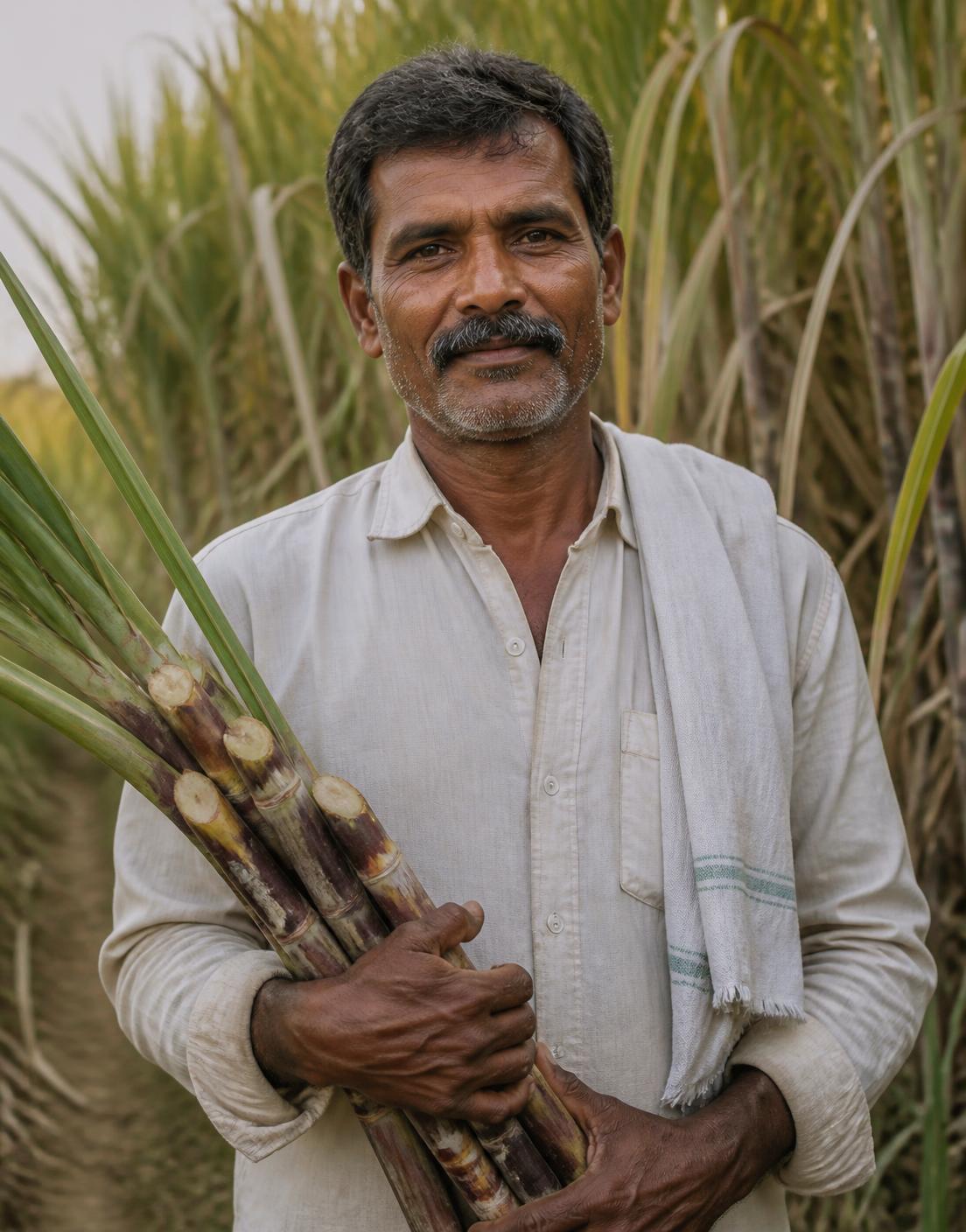 Sugarcane farmer in Mandya holding freshly cut cane