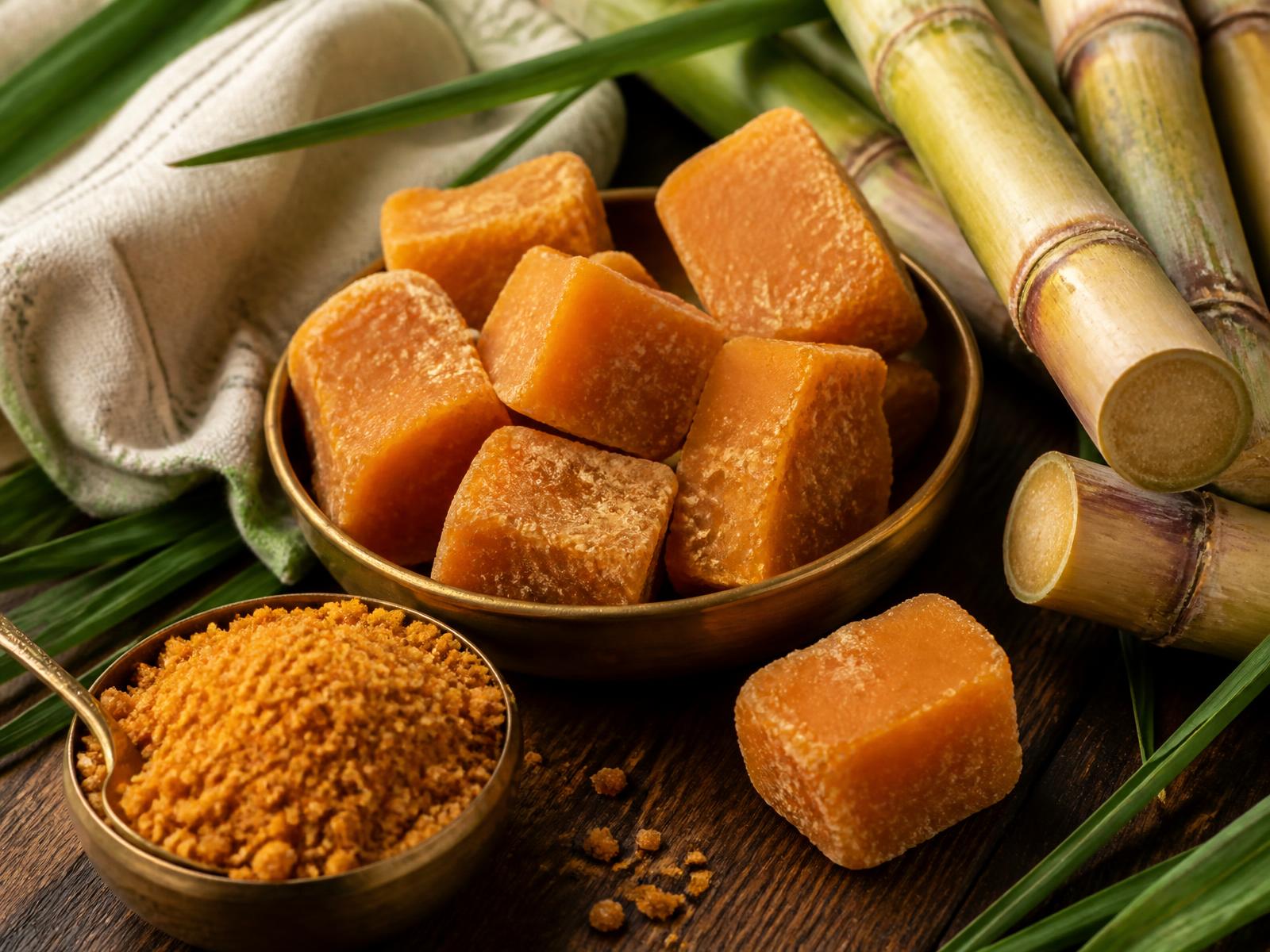 Golden jaggery blocks and powder with fresh sugarcane from Mandya, Karnataka