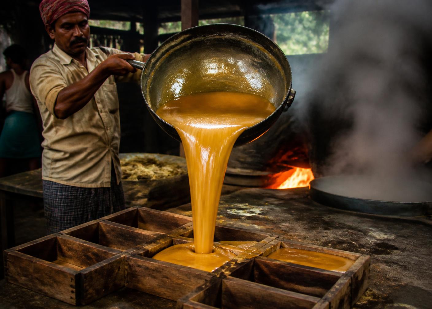 Traditional open-pan jaggery making in a village unit