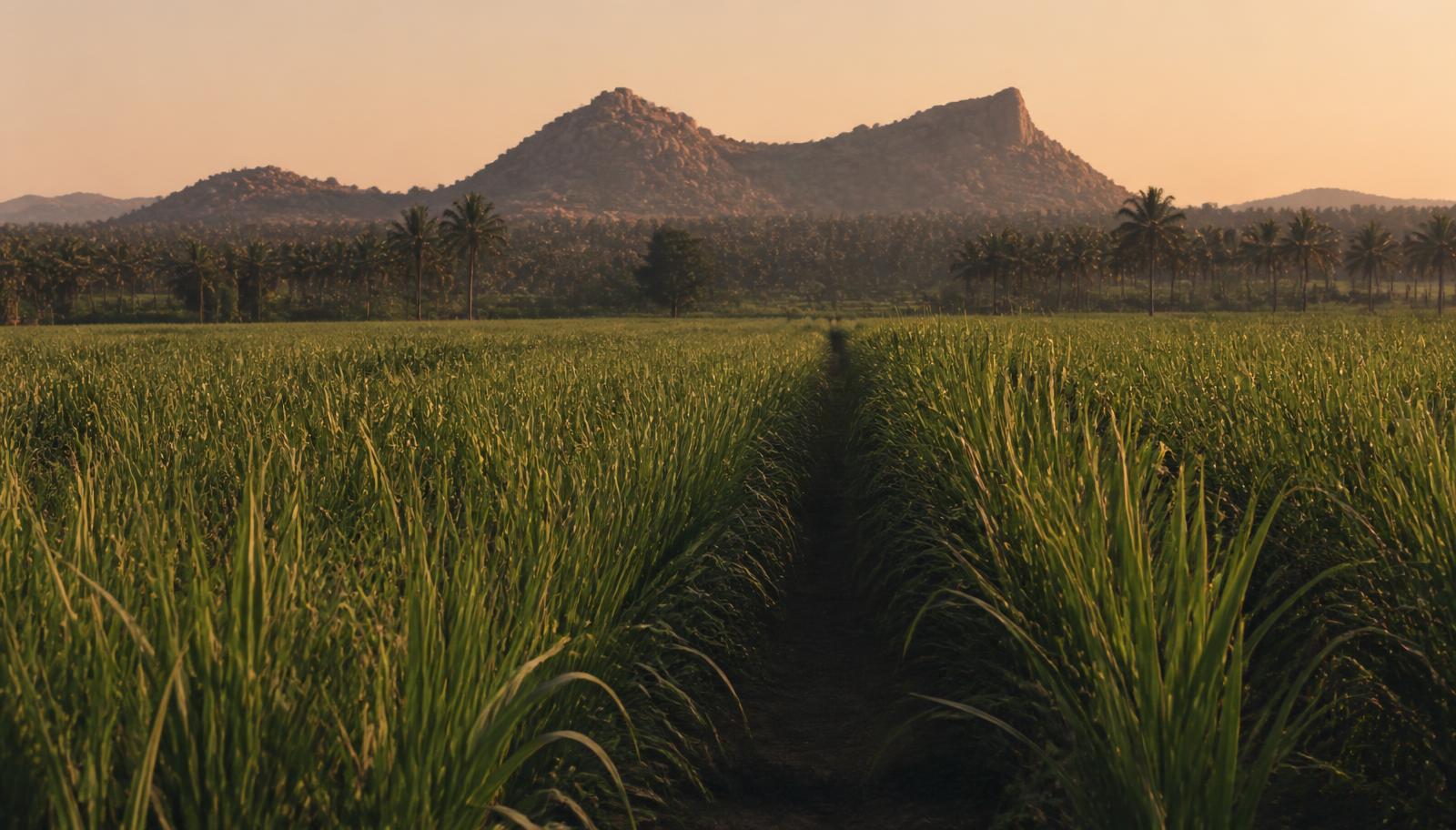 Sugarcane fields near Mandya, Karnataka at golden hour
